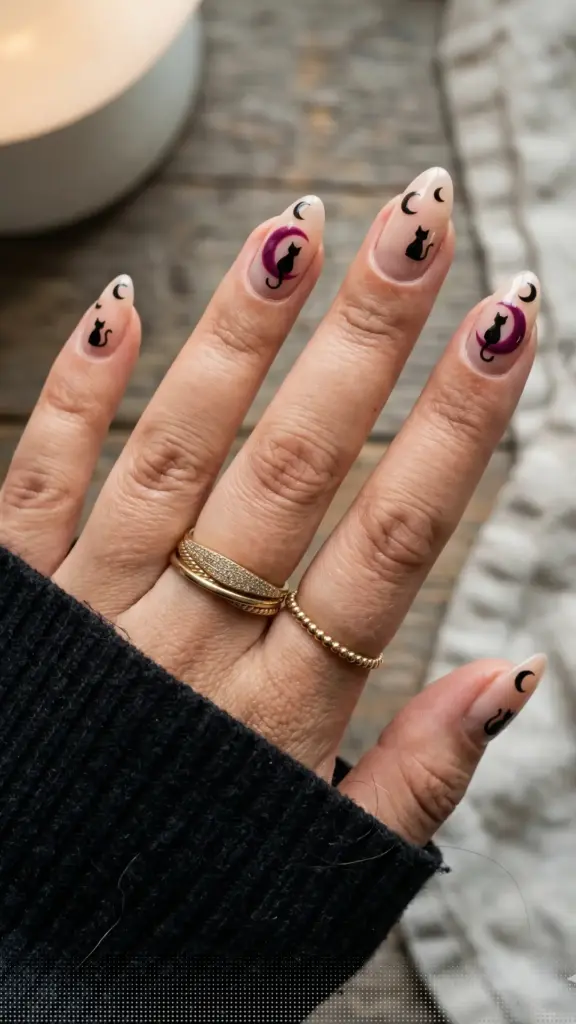 Spook Halloween Nail Ideas – Black Cat & Crescent Moon
