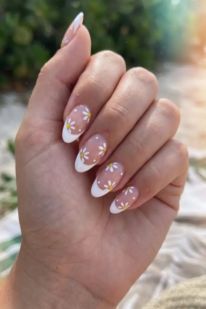 cute-summer-almond-nails-daisy-french