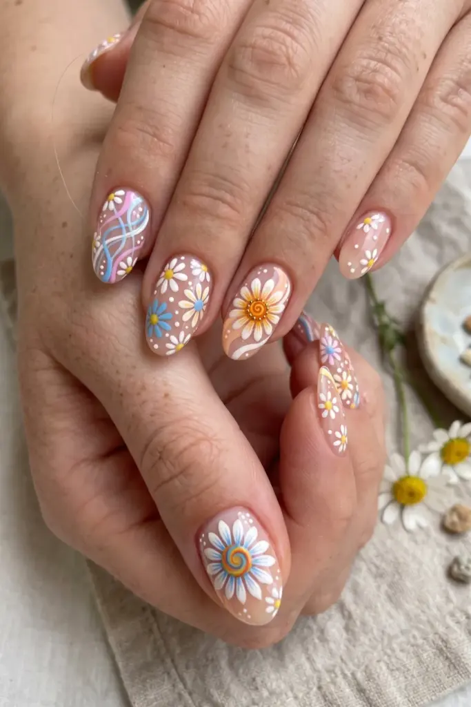 daisy-floral-short-summer-nail-ideas