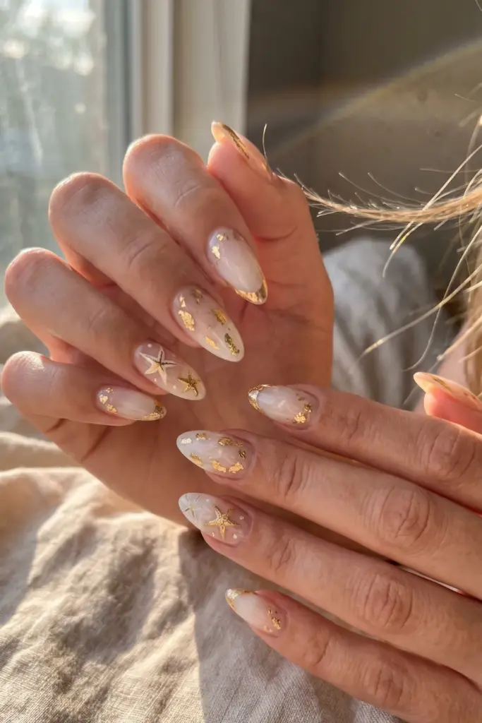 elegant-summer-almond-nails-gold-foil