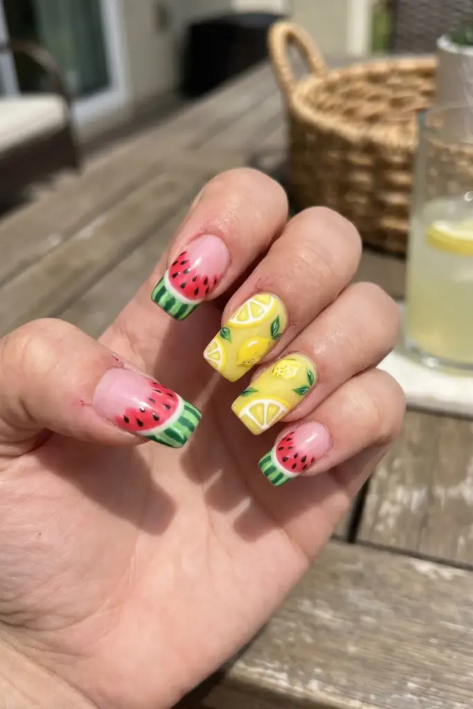 fruit-print-square-summer-nails-watermelon-lemon