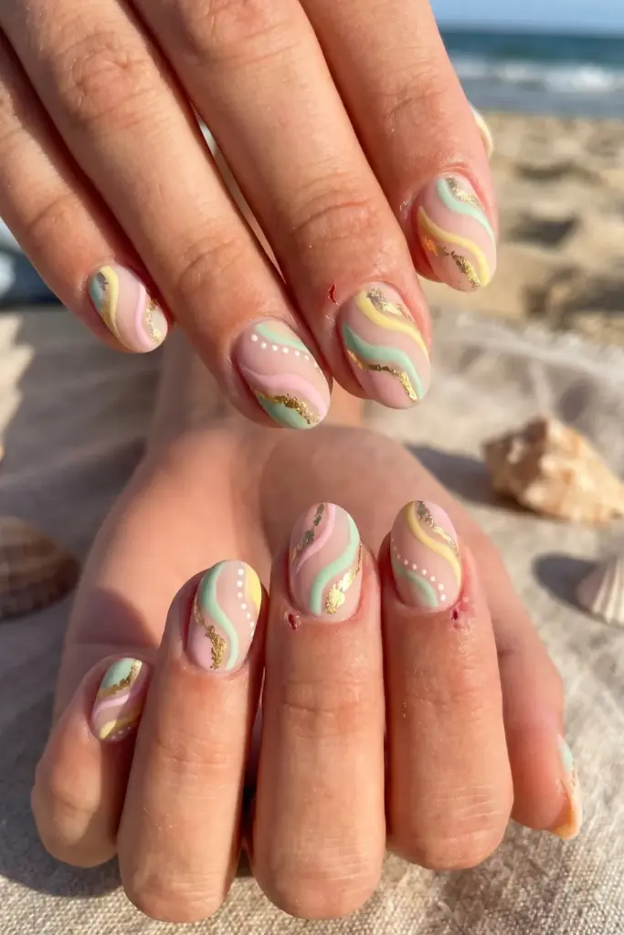matte-pastel-gold-foil-short-summer-nail-ideas