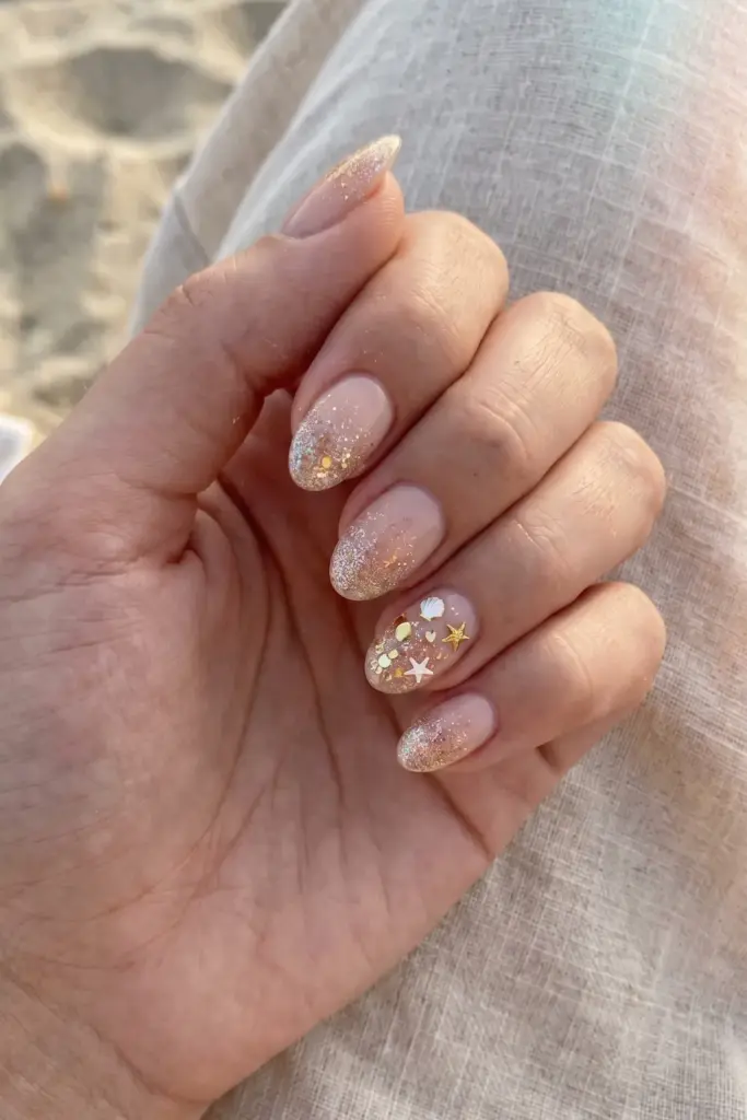short-almond-summer-nails-nude-glitter