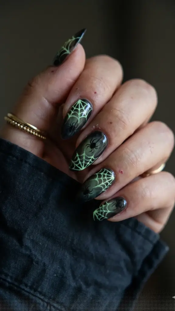 spook-halloween-nail-ideas-glow-spider-web